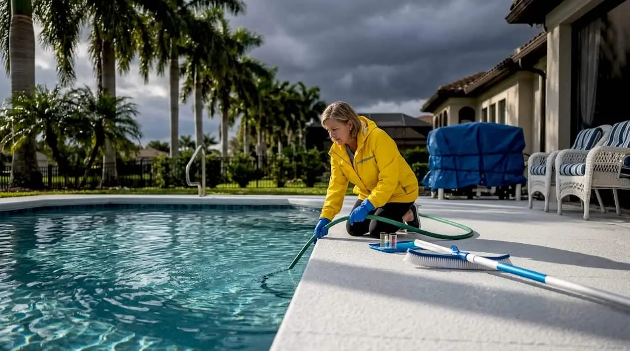 Homeowner preparing pool for storm with water level management