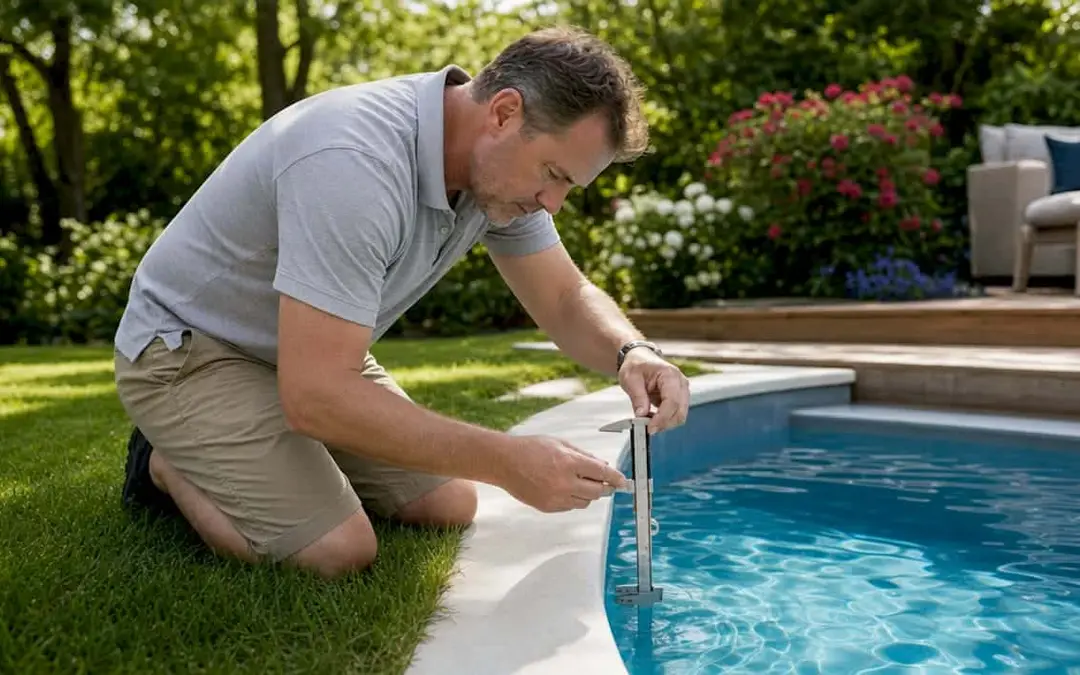 Inspector measuring pool shell thickness at pool edge