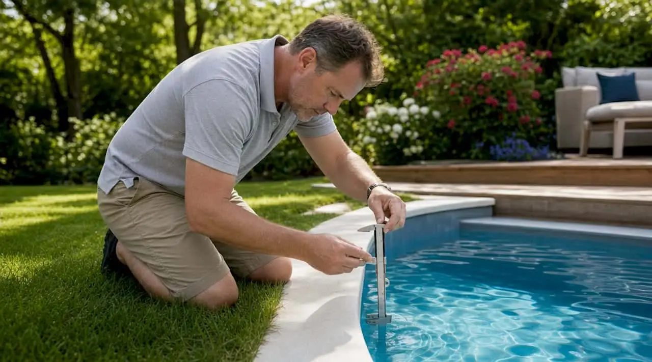 What Is Pool Shell Thickness? A Homeowner’s Guide Inspector measuring pool shell thickness at pool edge