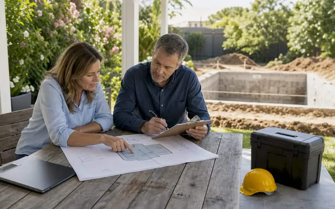 Couple reviewing custom pool plans outdoors