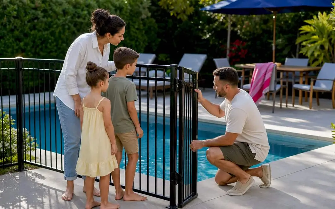 Family inspecting pool safety fence
