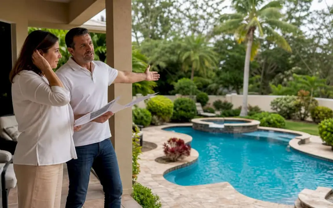 Couple discussing Florida home pool value outdoors