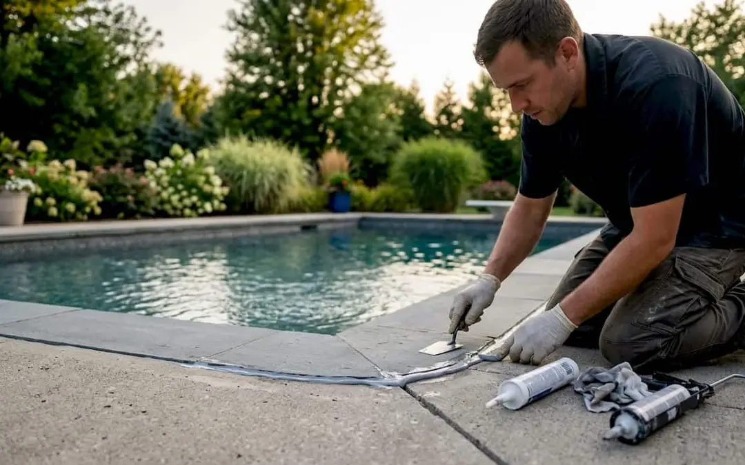 Close up applying pool mastic to expansion joint
