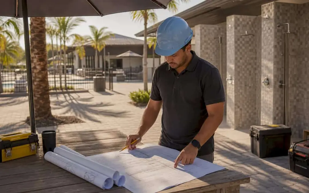 Construction manager reviewing pool changing area plans