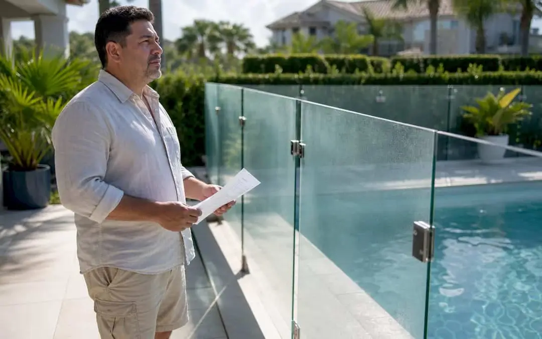Homeowner inspecting pool safety fence