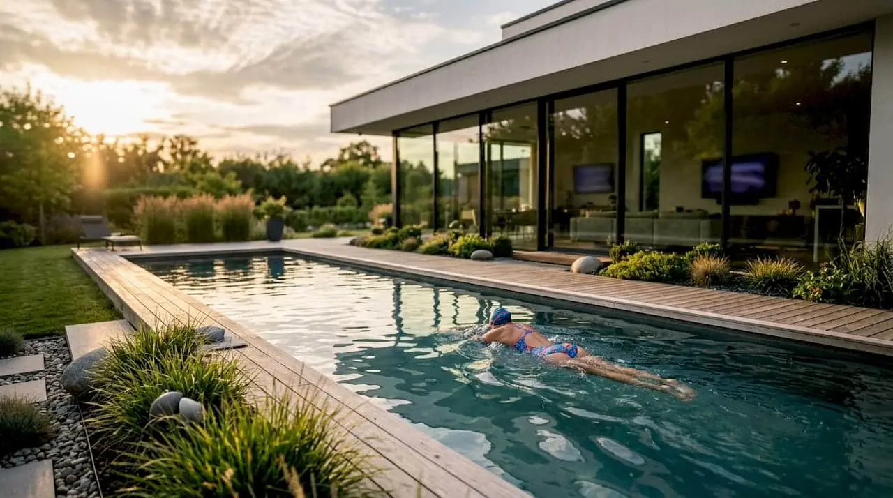 Lap Pools in Luxury Homes: Design, Cost, and Benefits Modern luxury home backyard lap pool with swimmer