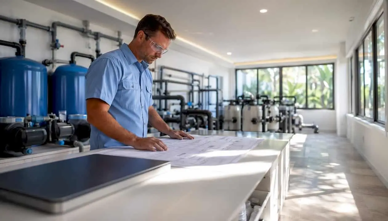 Technician reviewing pool equipment room design plans