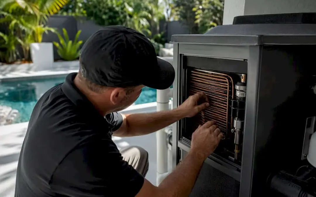 Technician inspecting pool heater heat exchanger