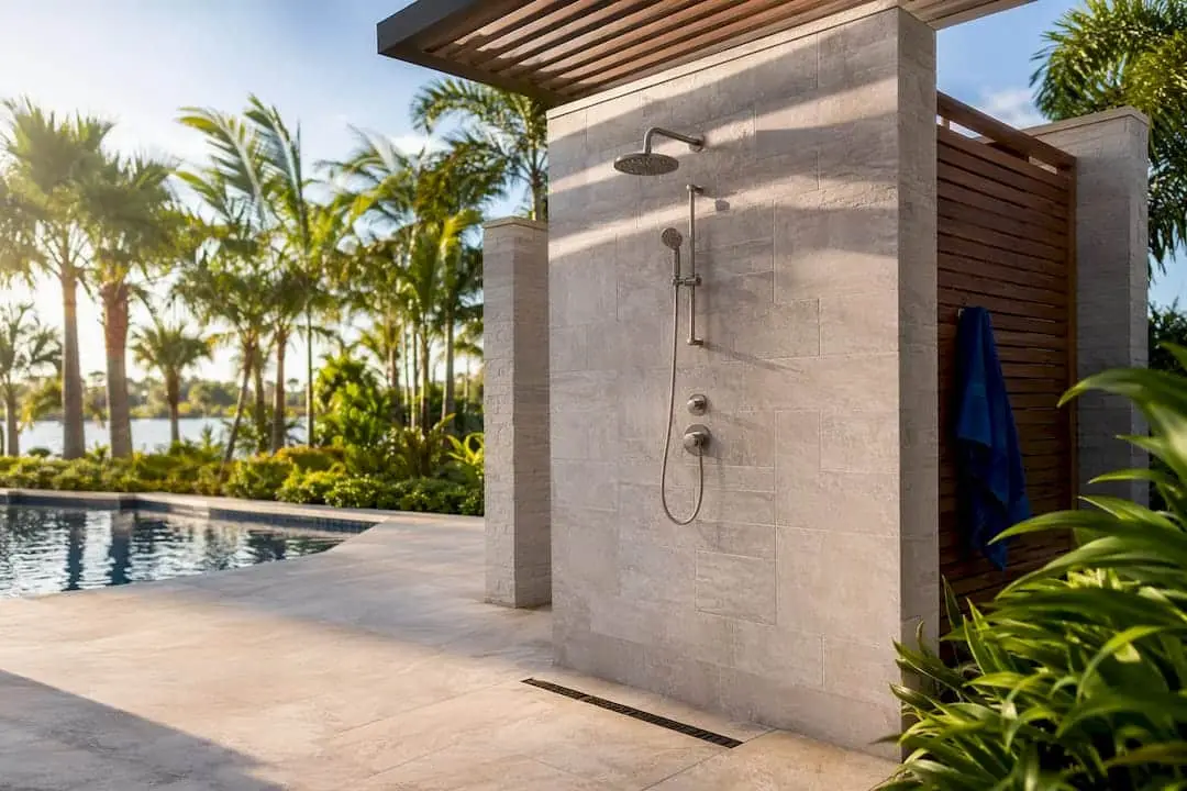8 Outdoor Shower Ideas: Styles That Last and How to Build Them Luxury outdoor shower beside landscaped pool terrace