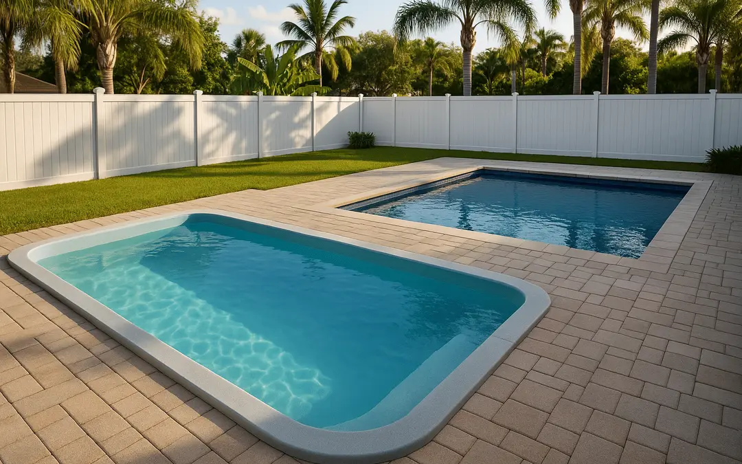 L-shaped fiberglass pool and spa set in a paver deck with a white vinyl fence