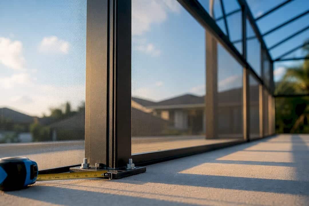Aluminum pool screen enclosure over concrete slab